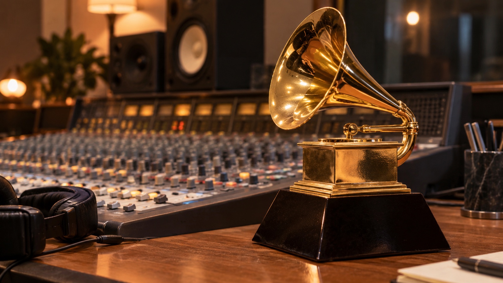 Gold gramophone style music award beside recording console, no text or logos