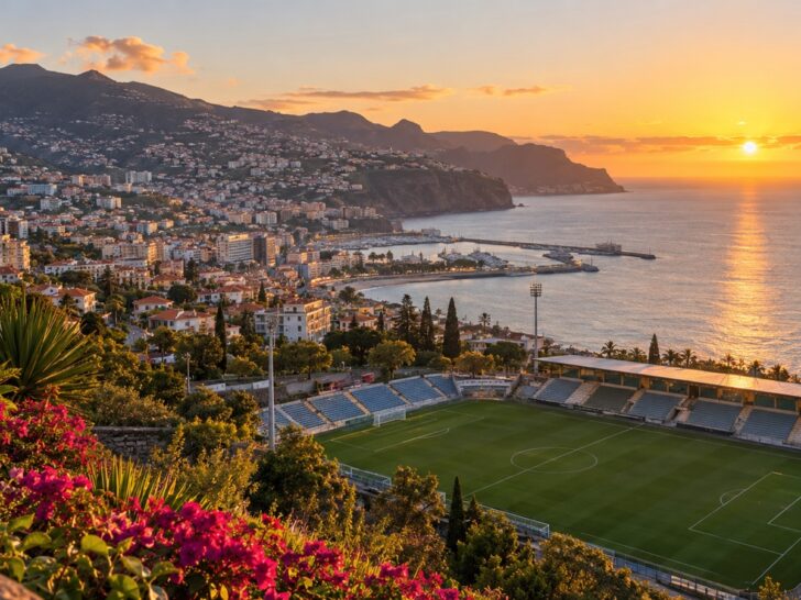 Madeira Portugal coastline and Funchal football pitch at sunrise, no people