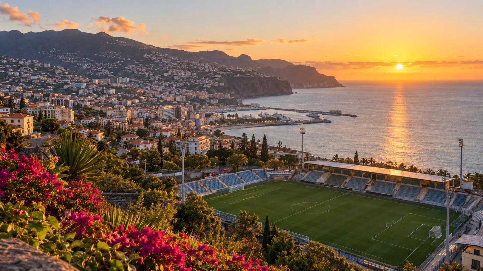 Madeira Portugal coastline and Funchal football pitch at sunrise, no people