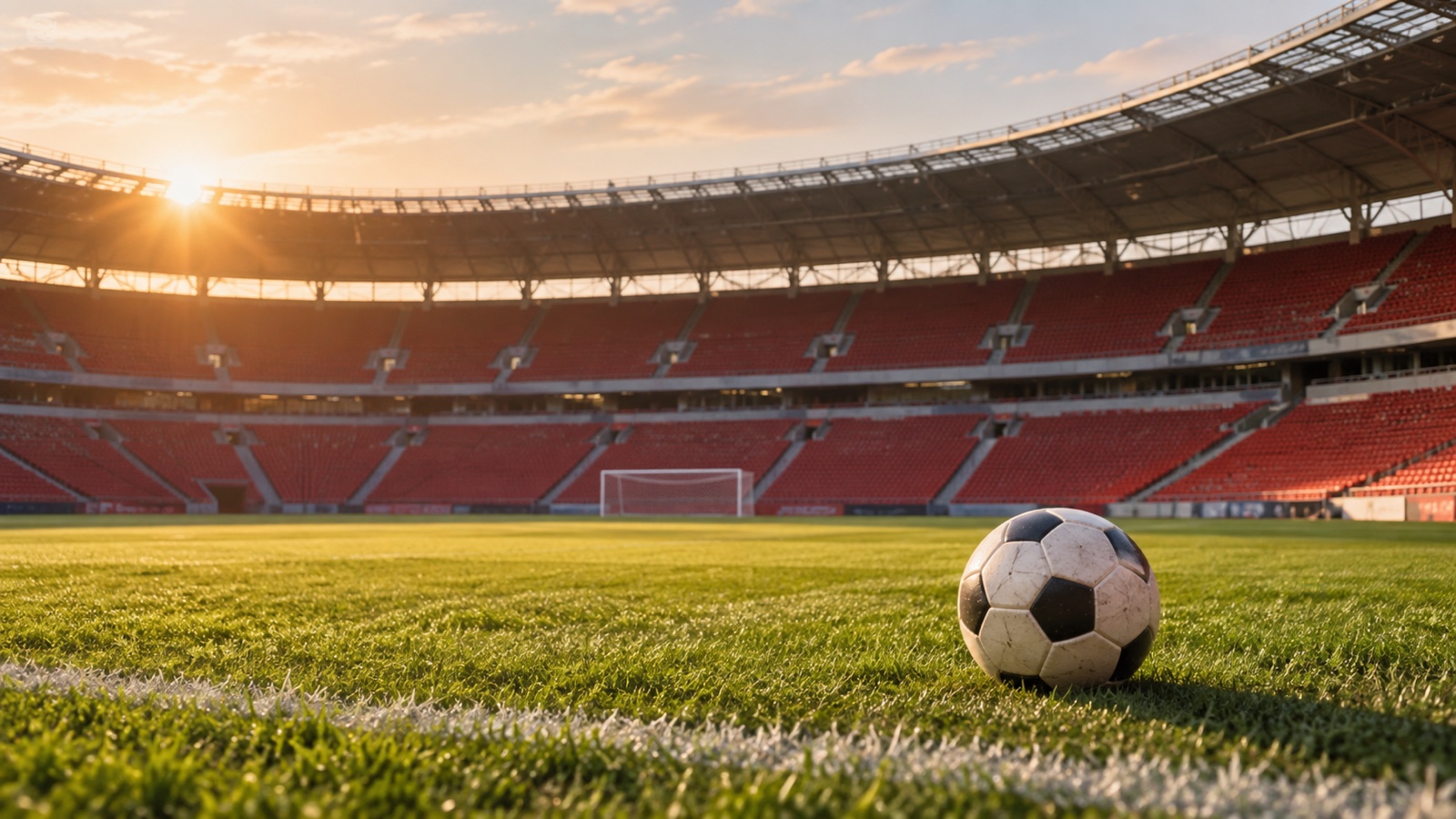Empty football stadium with red seating and a ball on grass, no logos