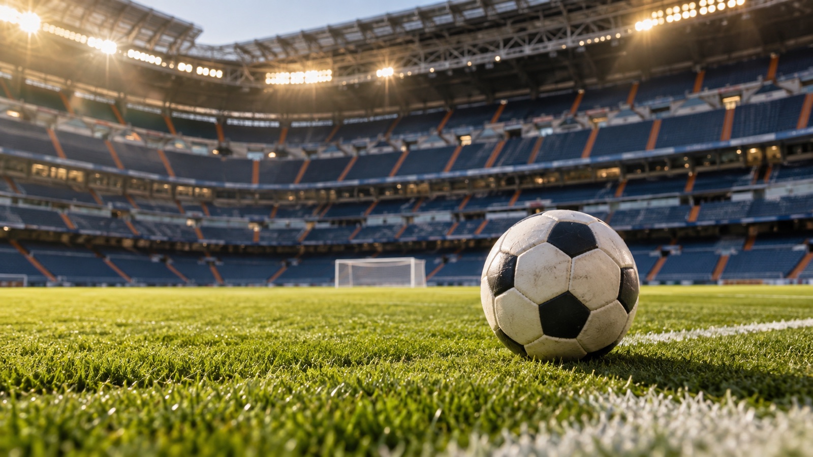 Football on pristine pitch in Madrid stadium under bright lights, no people or branding
