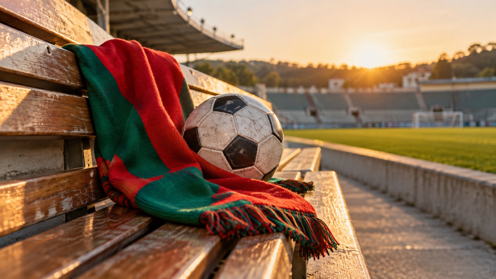 Portugal colored football scarf and ball on stadium bench, no words or symbols