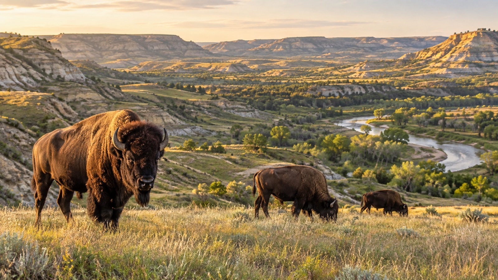 American wilderness landscape in Theodore Roosevelt National Park with bison