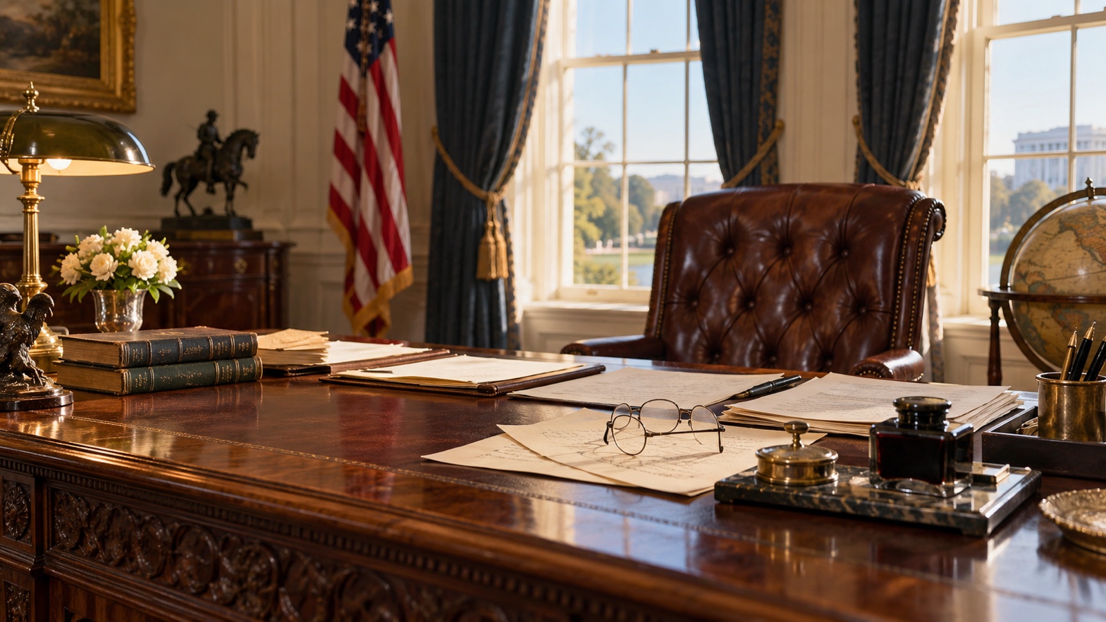 Early twentieth century presidential desk with papers and spectacles, no text or portrait
