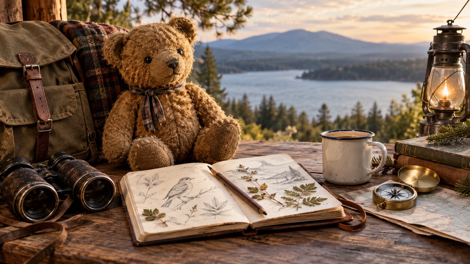 Vintage teddy bear beside field notebook and conservation era objects, no writing