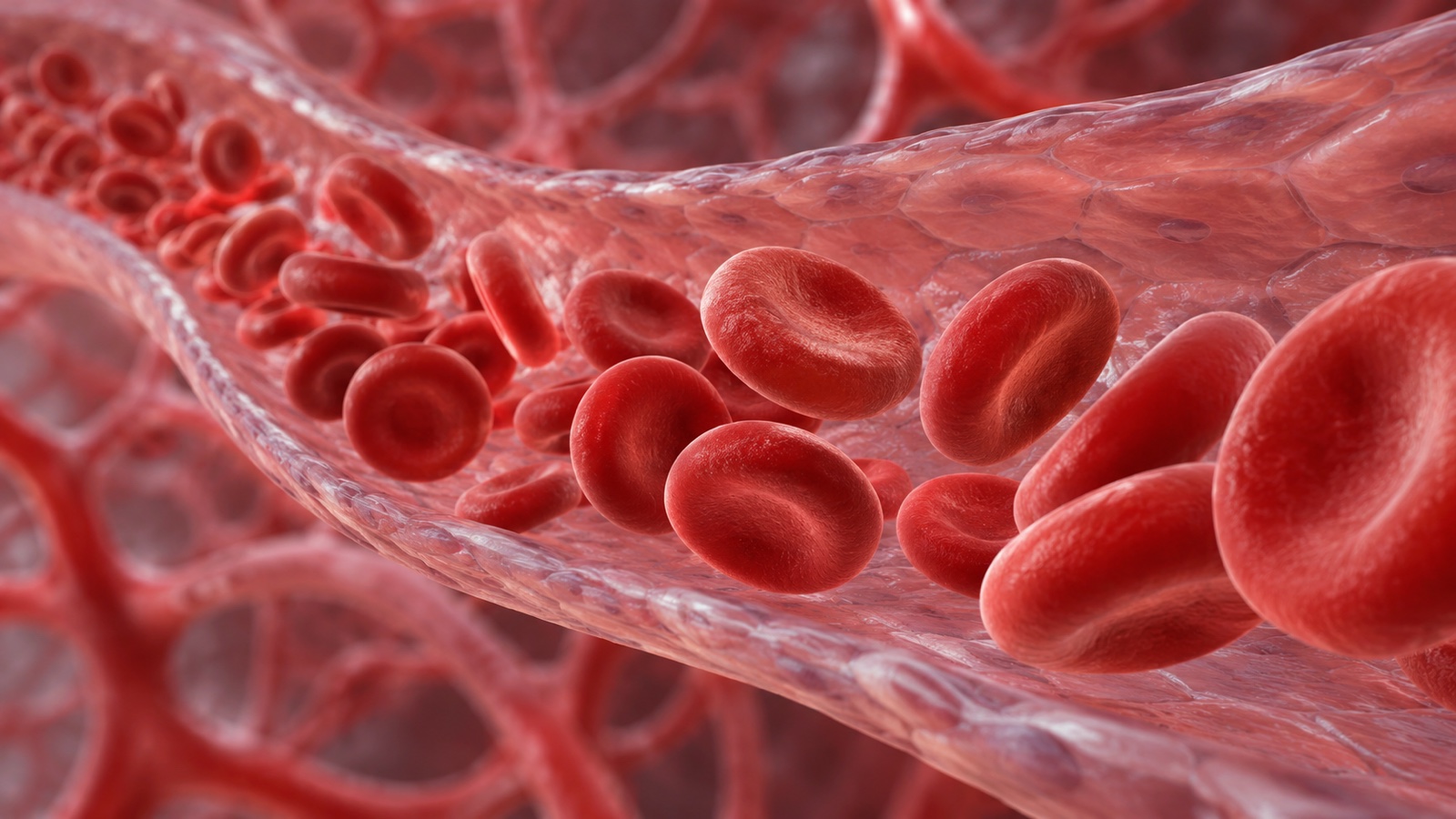Accurate medical illustration of red blood cells flowing through a capillary