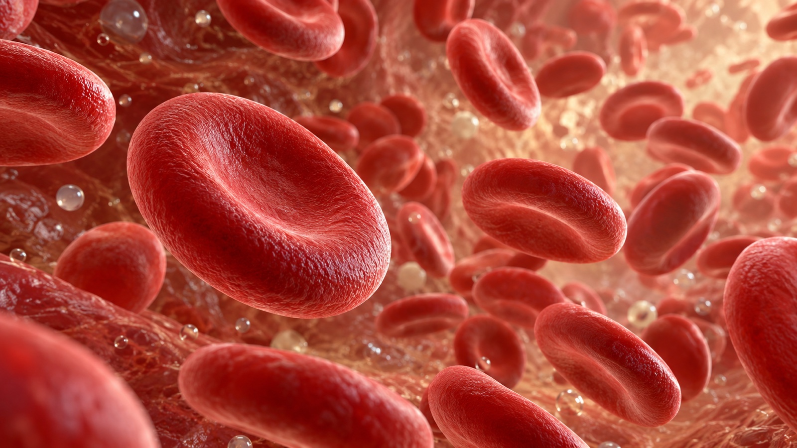Close medical rendering of biconcave red blood cells in plasma