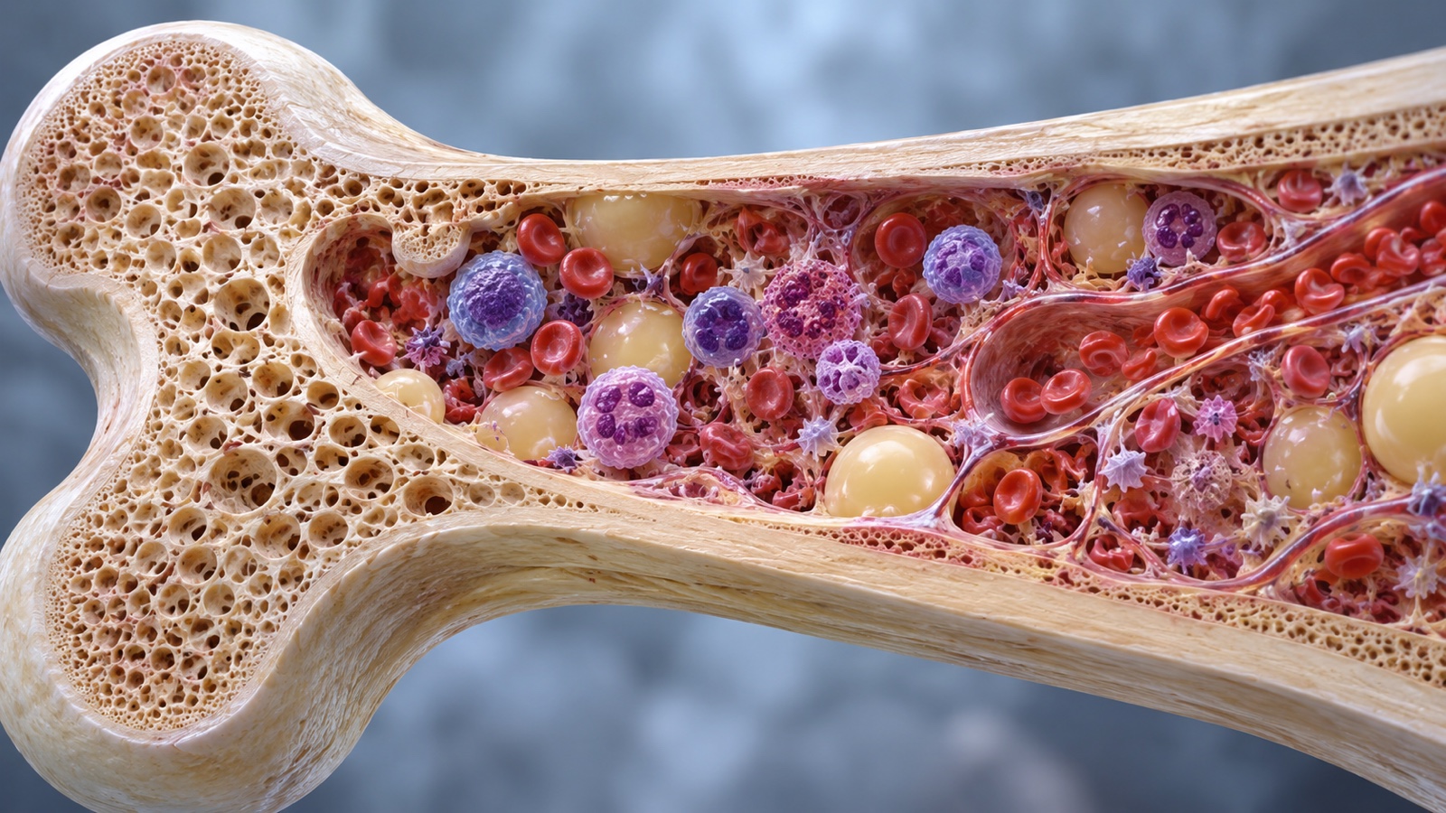 Scientific visualization of bone marrow producing blood cells inside bone cross section