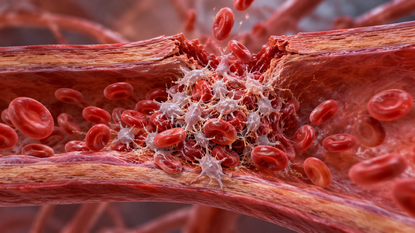 Medical illustration of platelets forming a clot at a damaged blood vessel