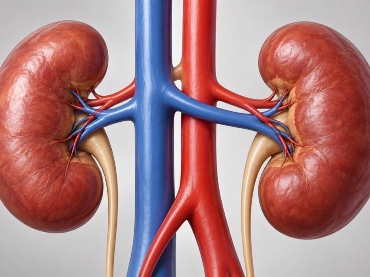 Accurate medical 3D rendering of two kidneys and connecting blood vessels isolated on neutral background