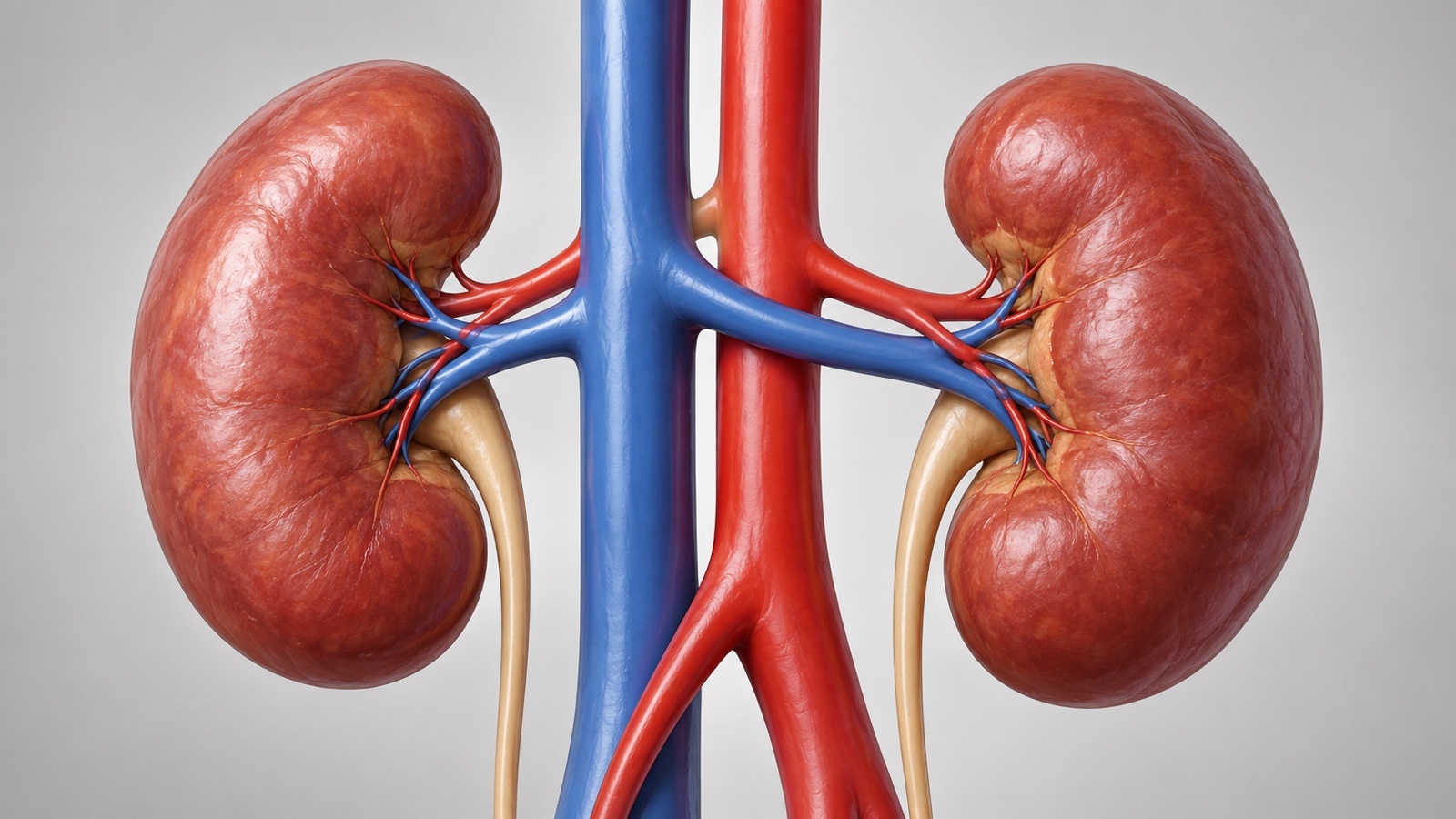 Accurate medical 3D rendering of two kidneys and connecting blood vessels isolated on neutral background