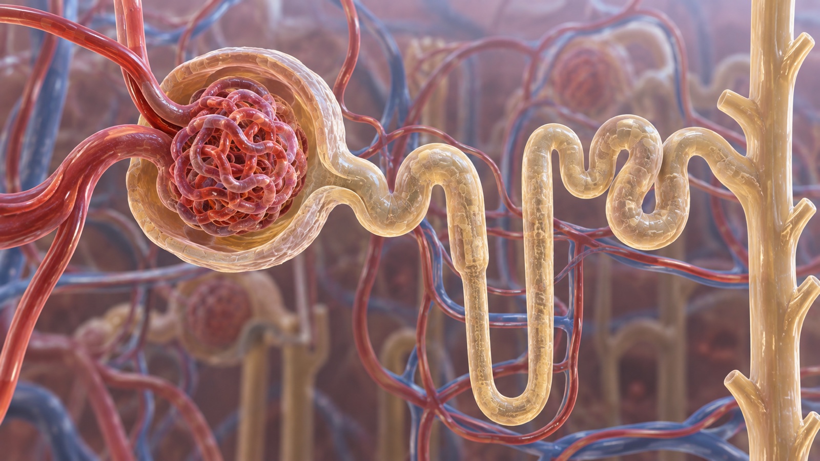 Scientific micro rendering of kidney nephron with glomerulus and tubule without labels