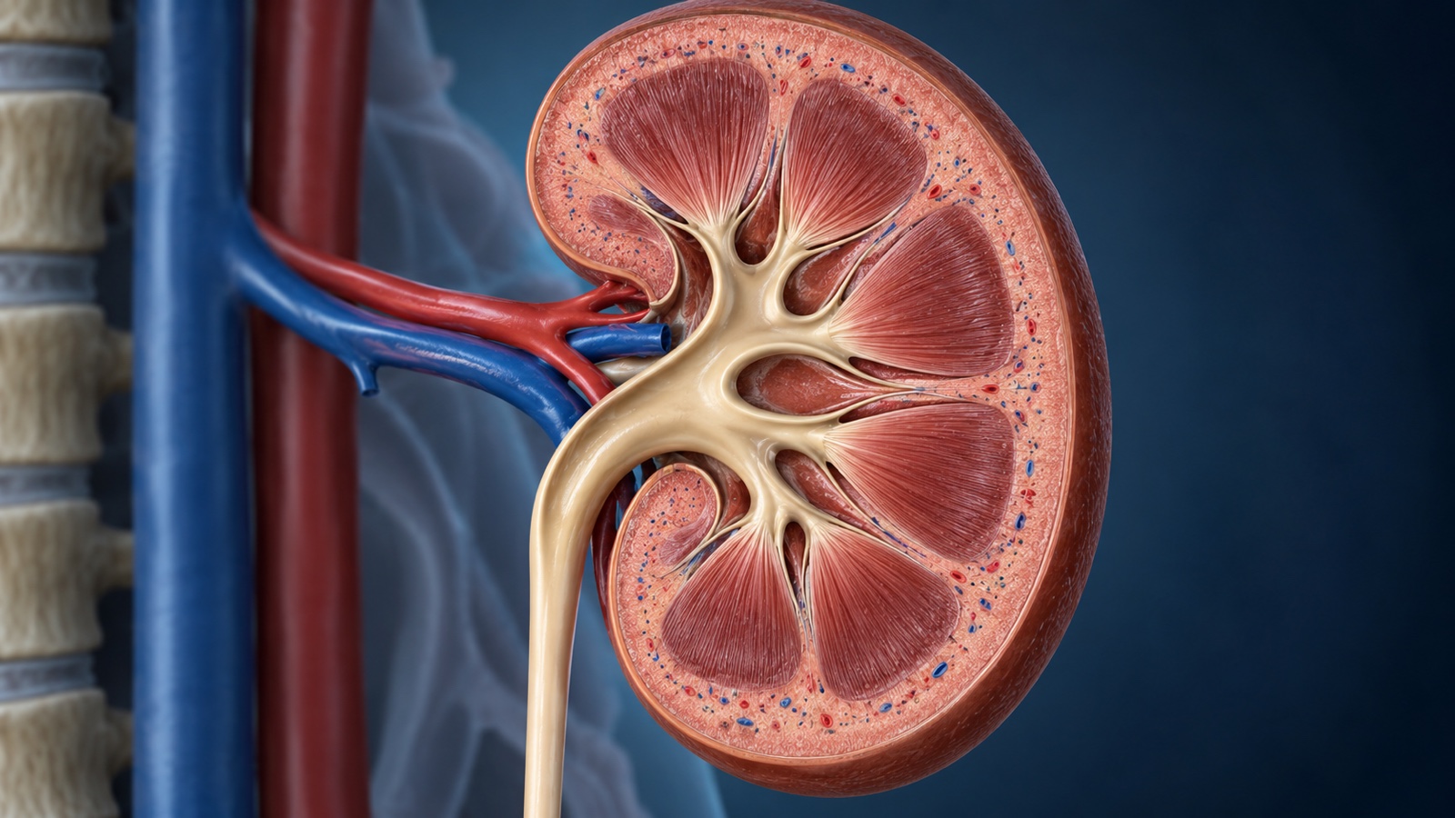Anatomical cross section of kidney showing cortex medulla and collecting system without text
