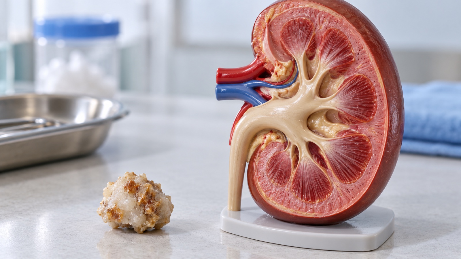 Clinical still life of a small kidney stone beside a medical kidney model