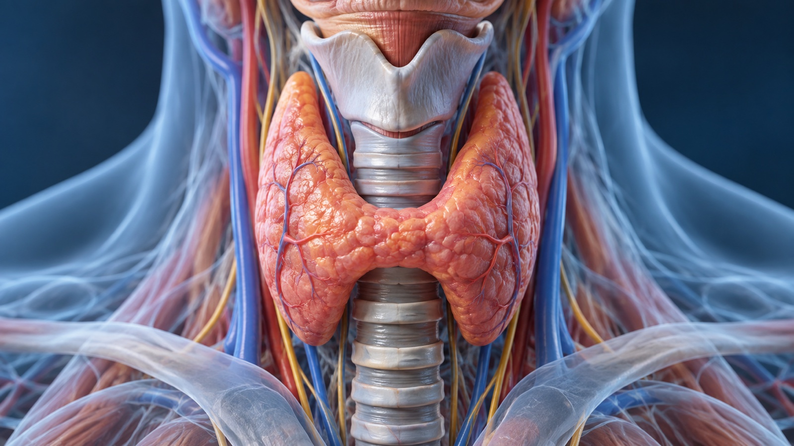 Detailed anatomical rendering of thyroid gland around the trachea