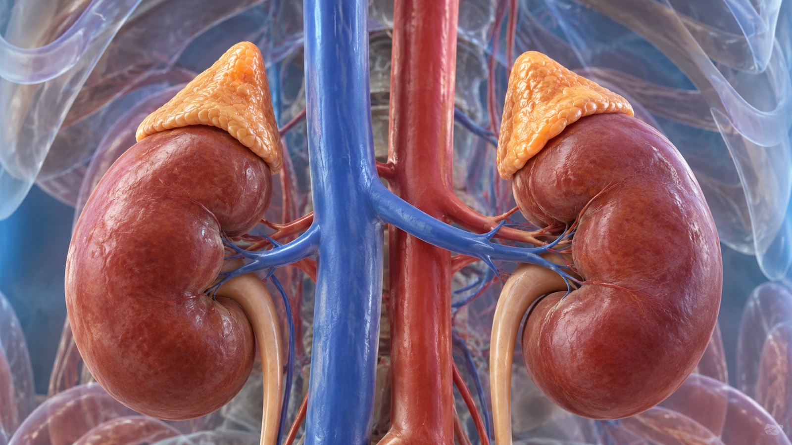 Medical macro rendering of adrenal glands sitting above kidneys