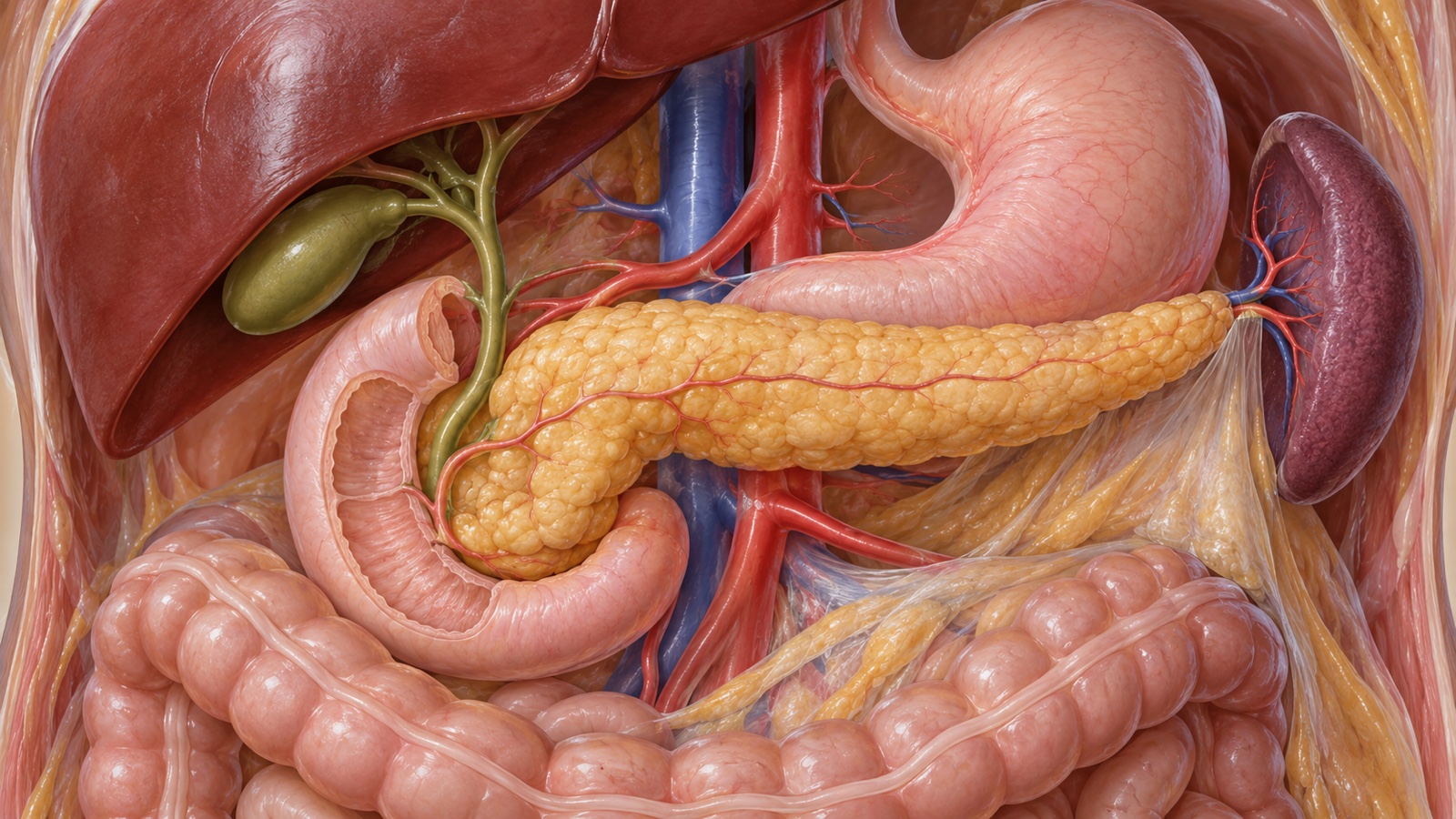 Anatomical illustration of pancreas and surrounding abdominal organs without text