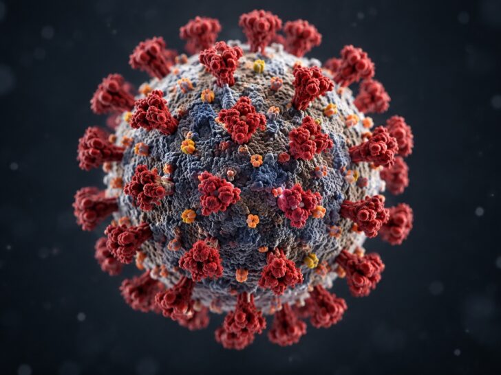 Scientific 3D rendering of spherical virus particle with surface proteins against dark neutral background