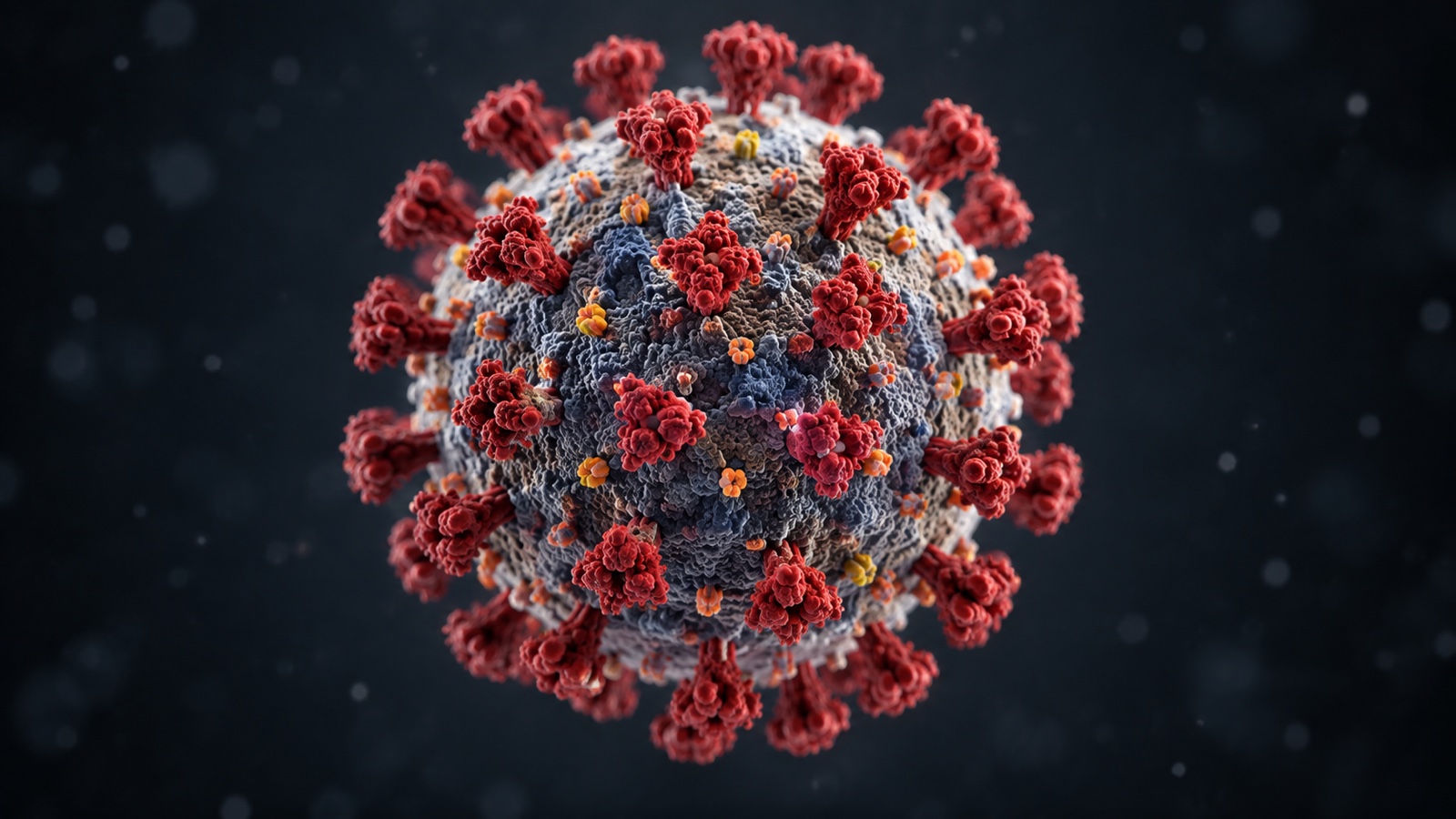 Scientific 3D rendering of spherical virus particle with surface proteins against dark neutral background
