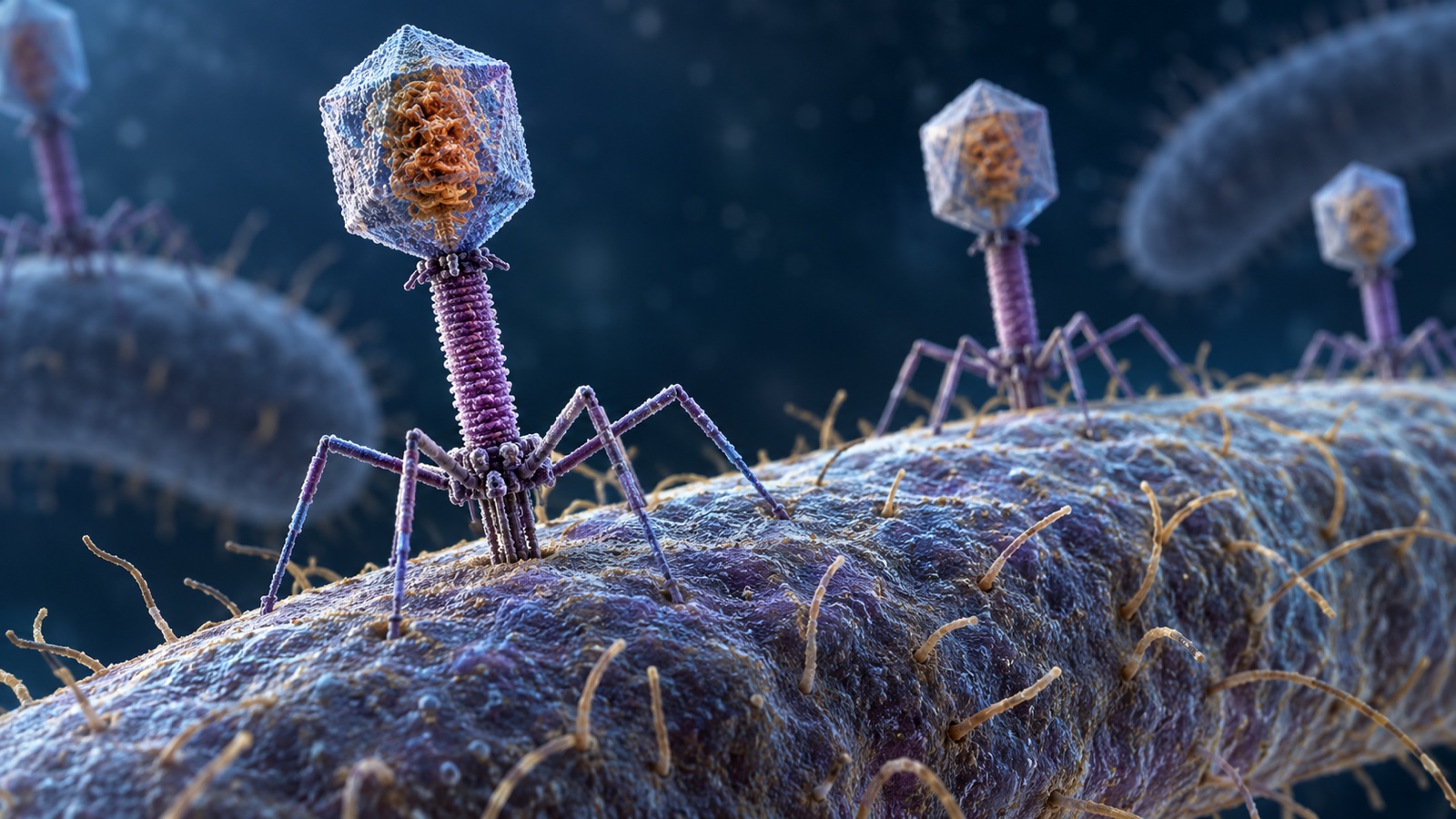 Scientific visualization of bacteriophage virus with geometric head and tail on bacterial surface