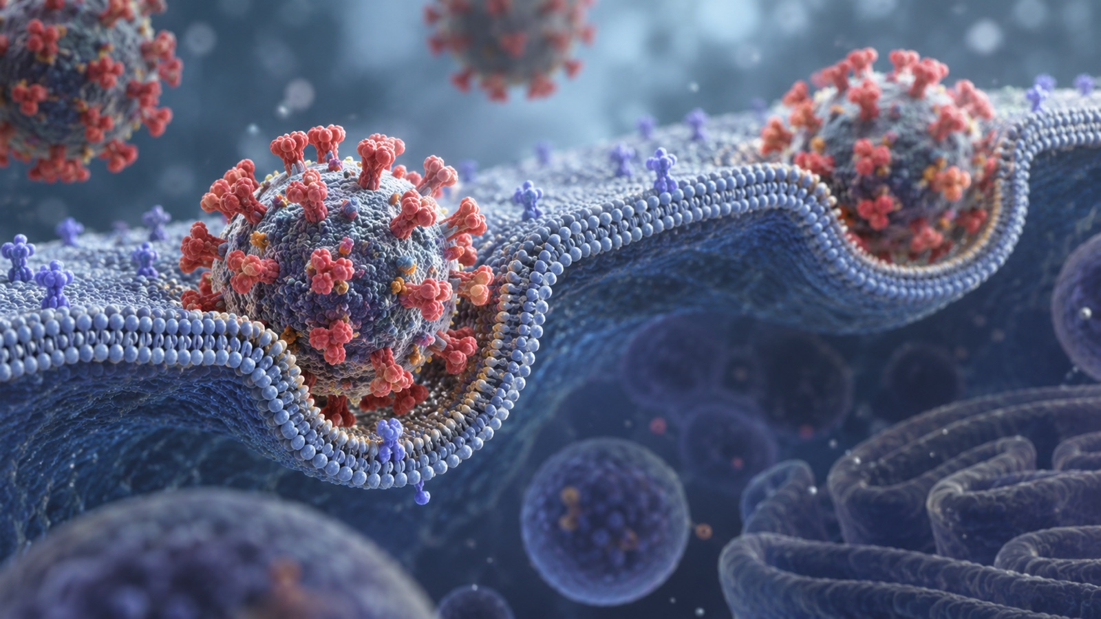 Microscopic style image of viruses entering a host cell membrane without labels