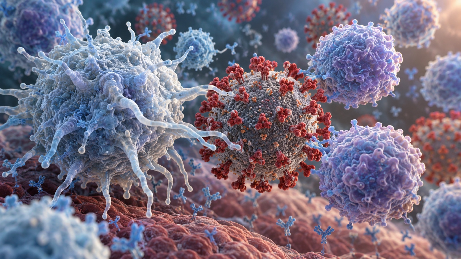 Detailed scientific rendering of immune cells surrounding viral particles