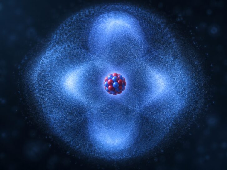 Scientific 3D visualization of an atom as diffuse electron probability cloud around a small nucleus, no orbit lines