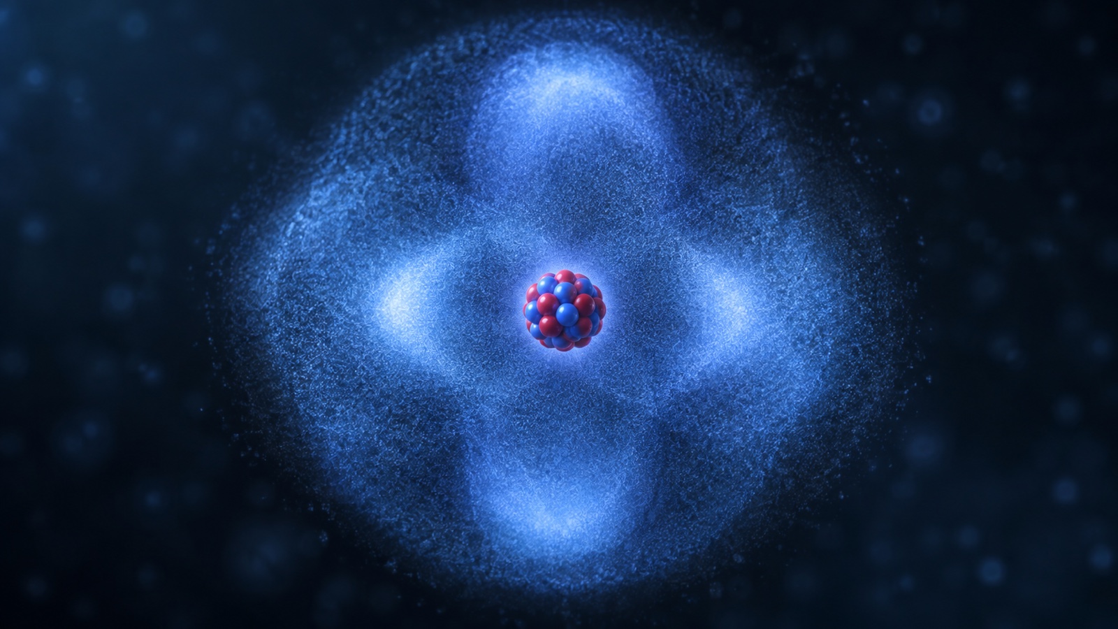 Scientific 3D visualization of an atom as diffuse electron probability cloud around a small nucleus, no orbit lines