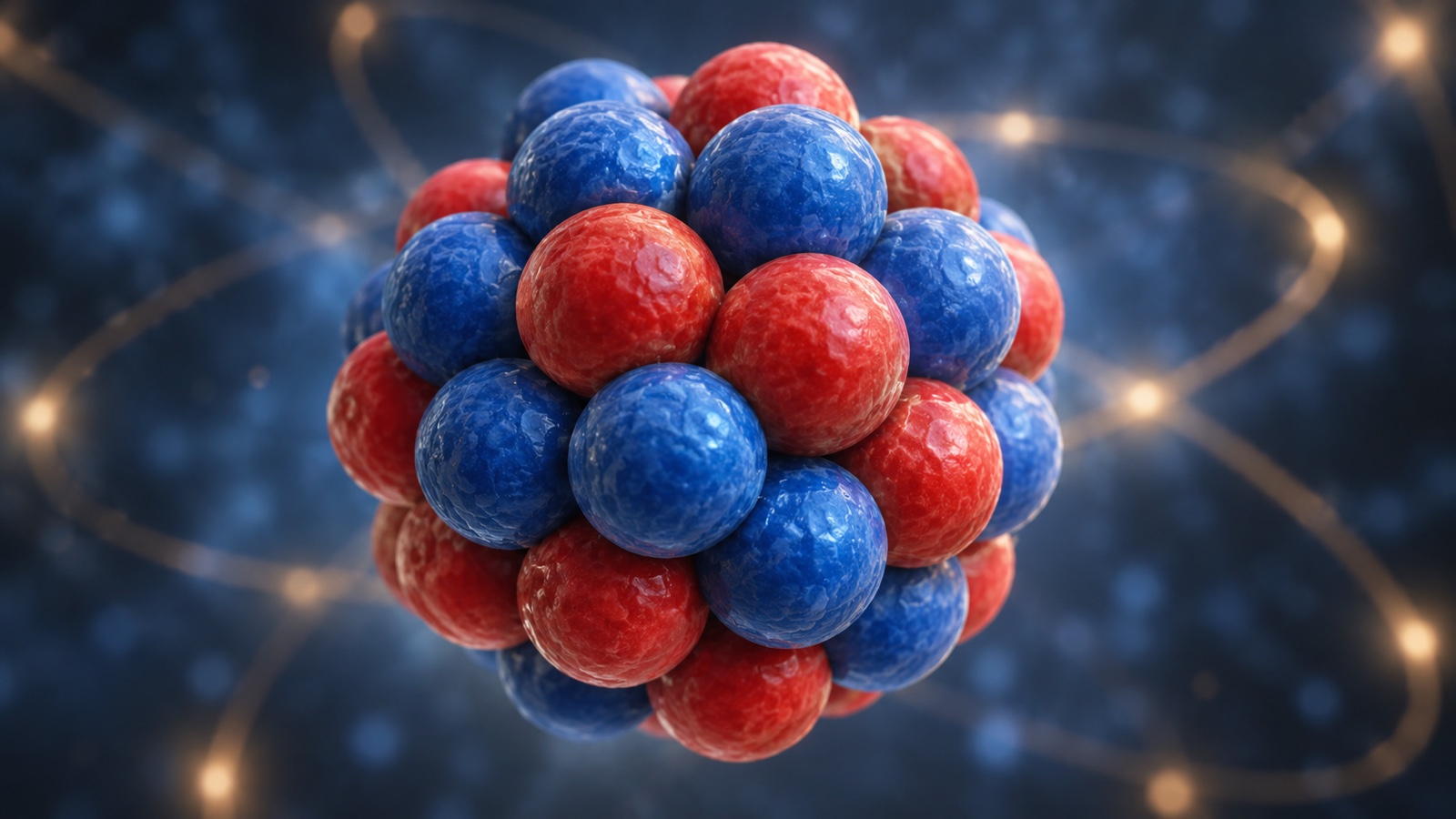 Close scientific visualization of protons and neutrons clustered in an atomic nucleus