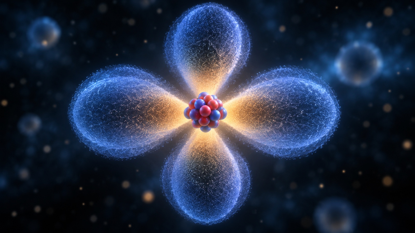 Abstract quantum electron cloud with distinct orbital lobes around atomic nucleus, accurate scientific aesthetic