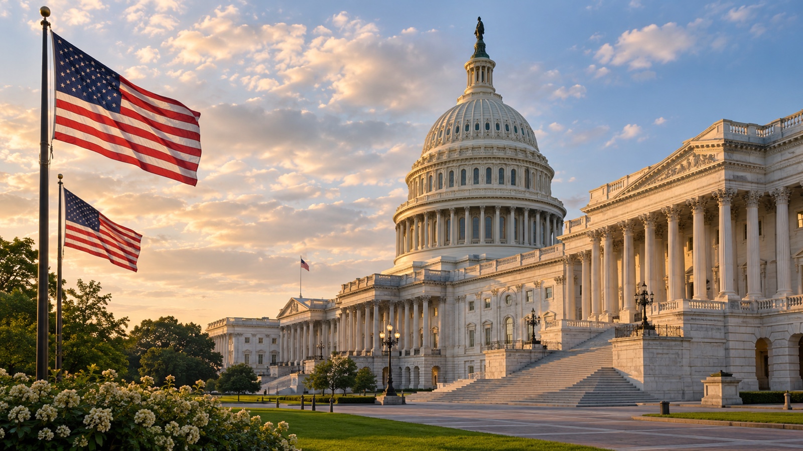 1930s Washington government building and American flags without people.