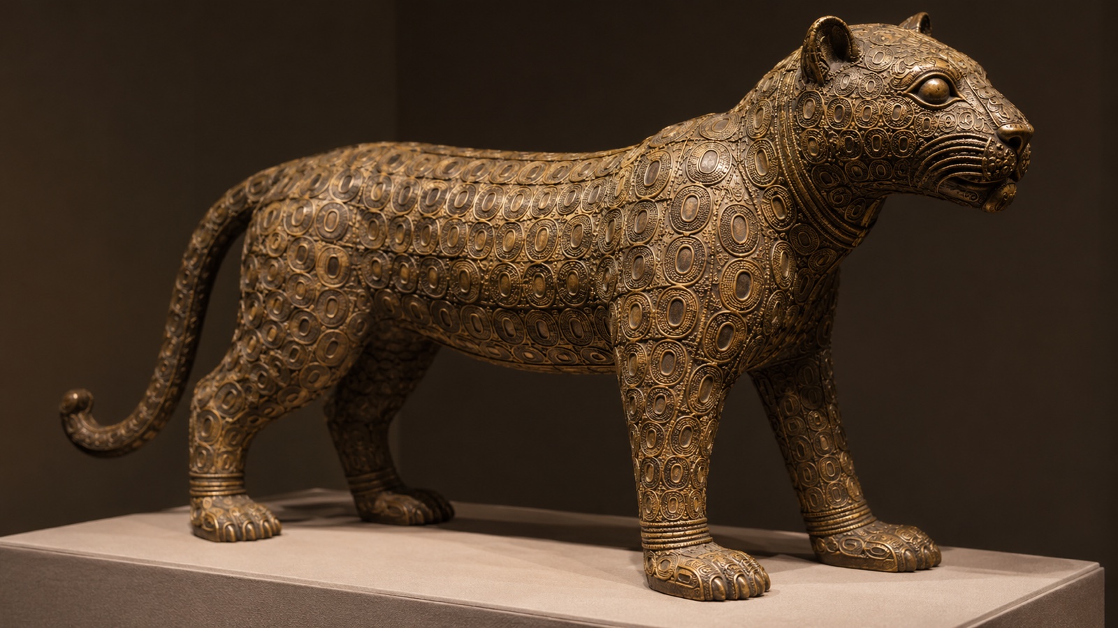 Brass leopard sculpture inspired by historic Benin Kingdom metalwork on a museum plinth.