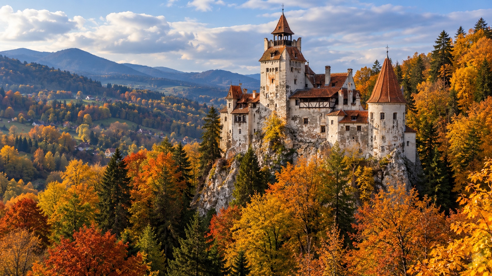 Bran Castle standing above autumn forest in Transylvania.