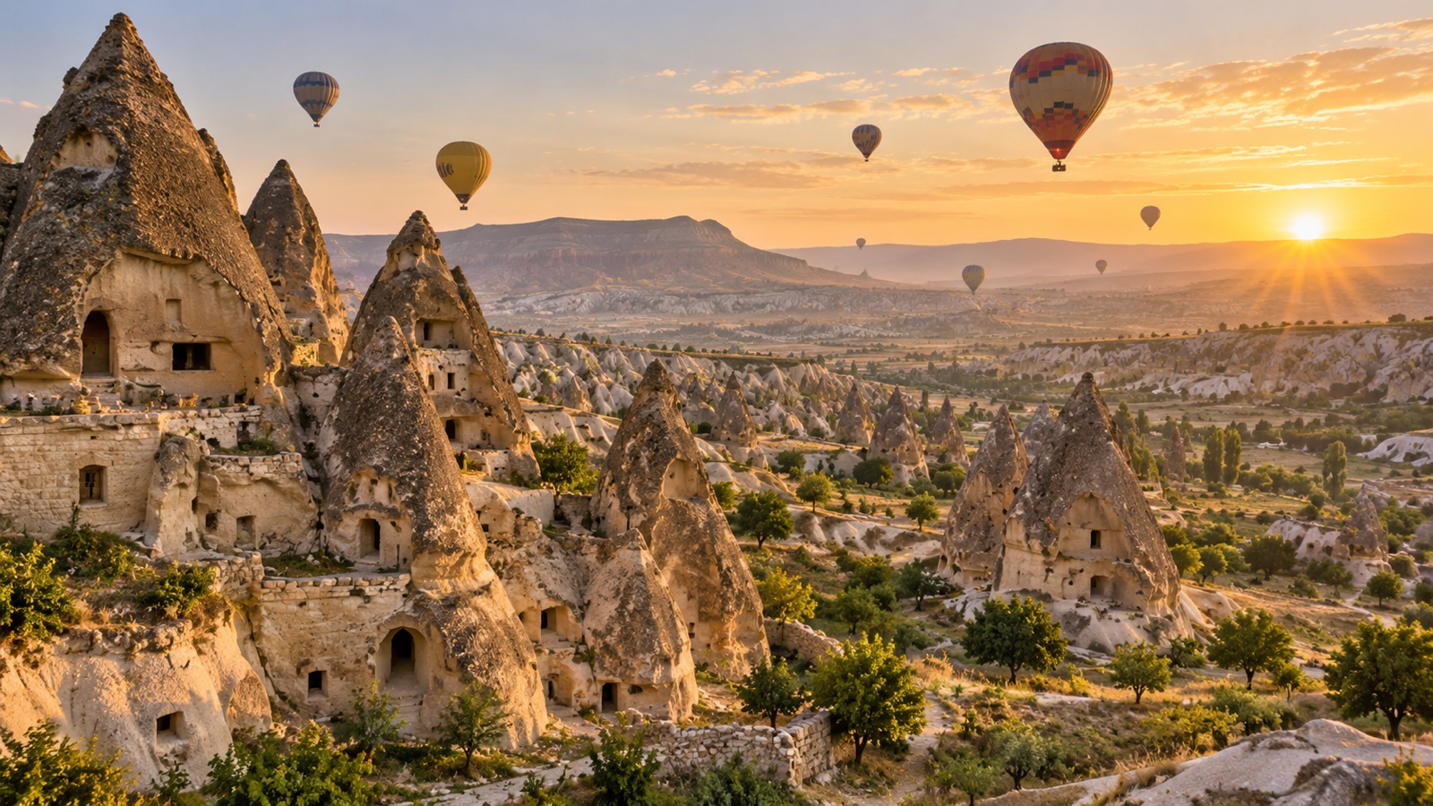 Cappadocia fairy chimneys and cave dwellings at dawn.