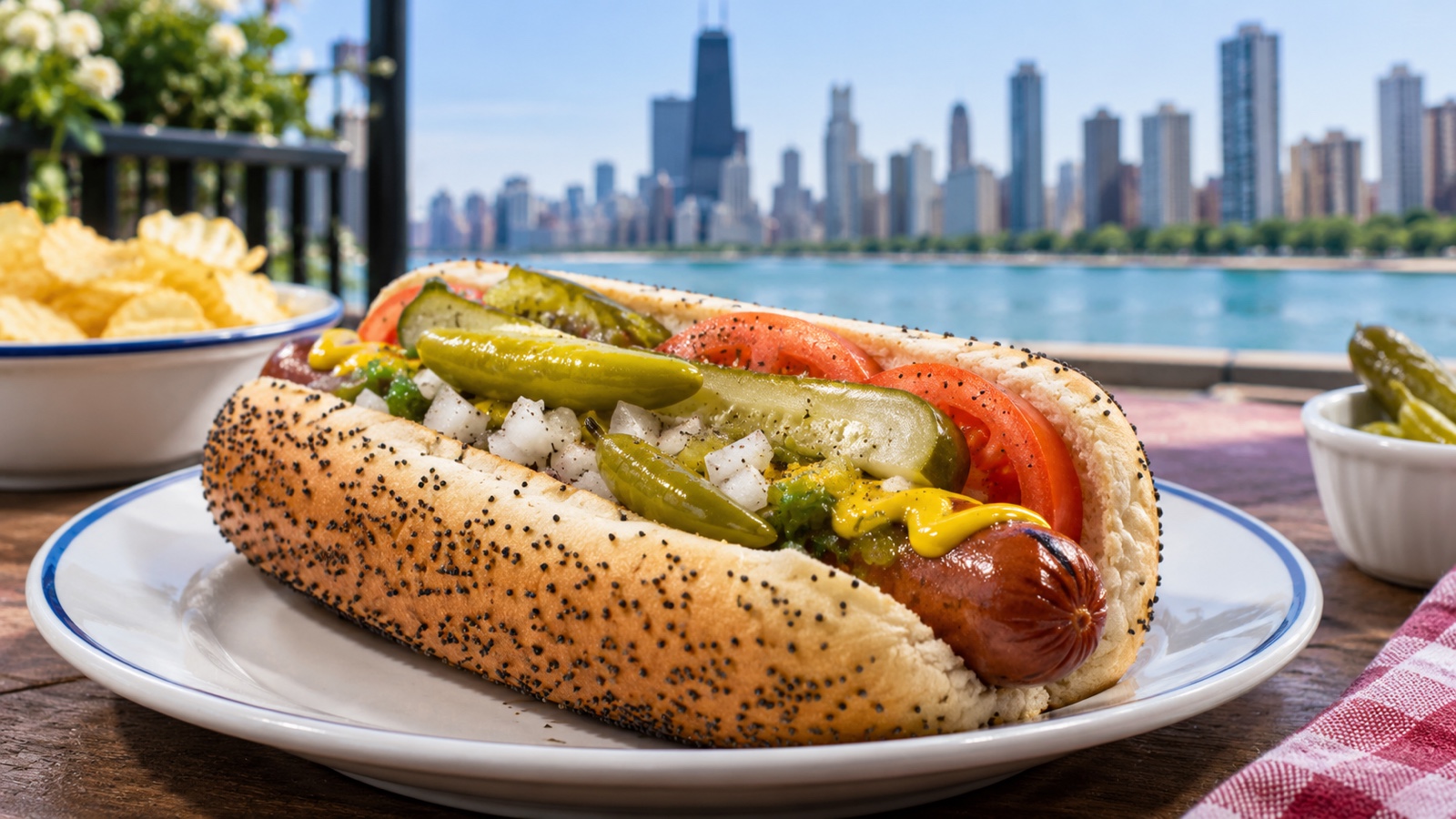 Chicago style hot dog with colorful vegetable toppings on a plate.