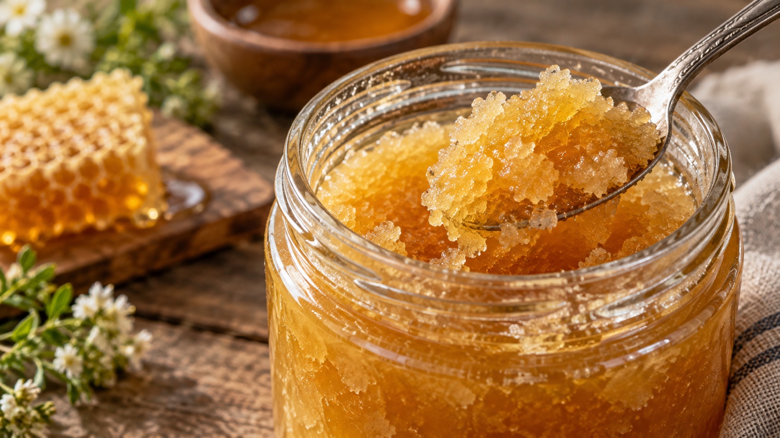 Close macro view of honey crystals in a jar with a spoon.