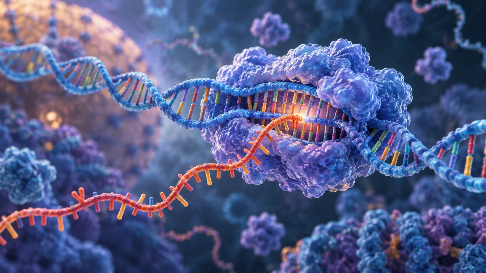 Close molecular illustration of genes and RNA transcription without text.