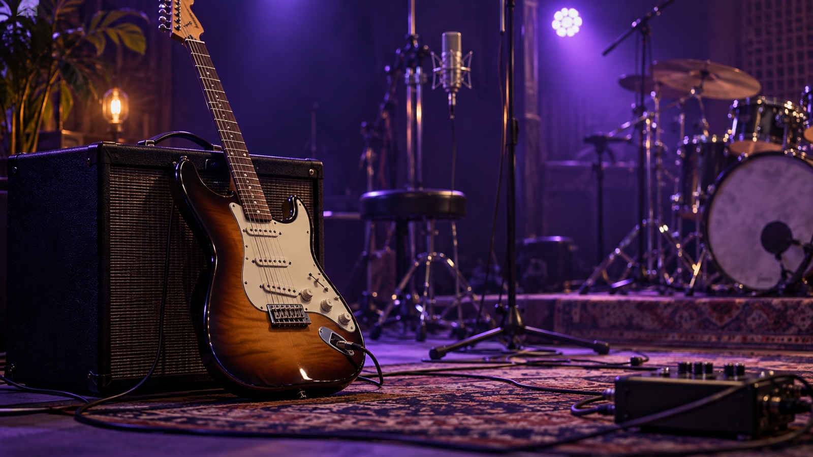 Electric guitar and recording equipment under moody violet stage lights.