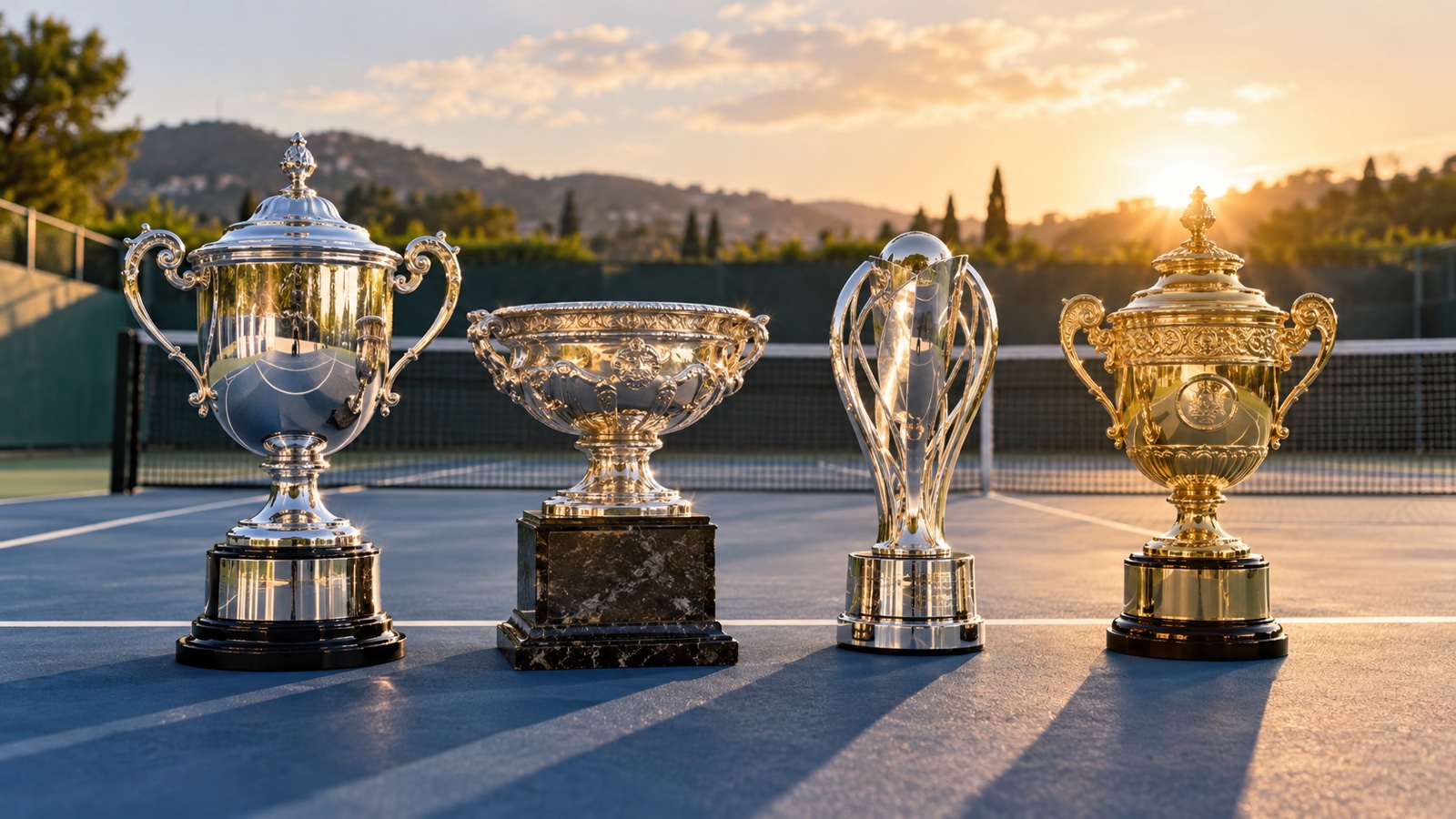 Four tennis trophies arranged on an empty court.