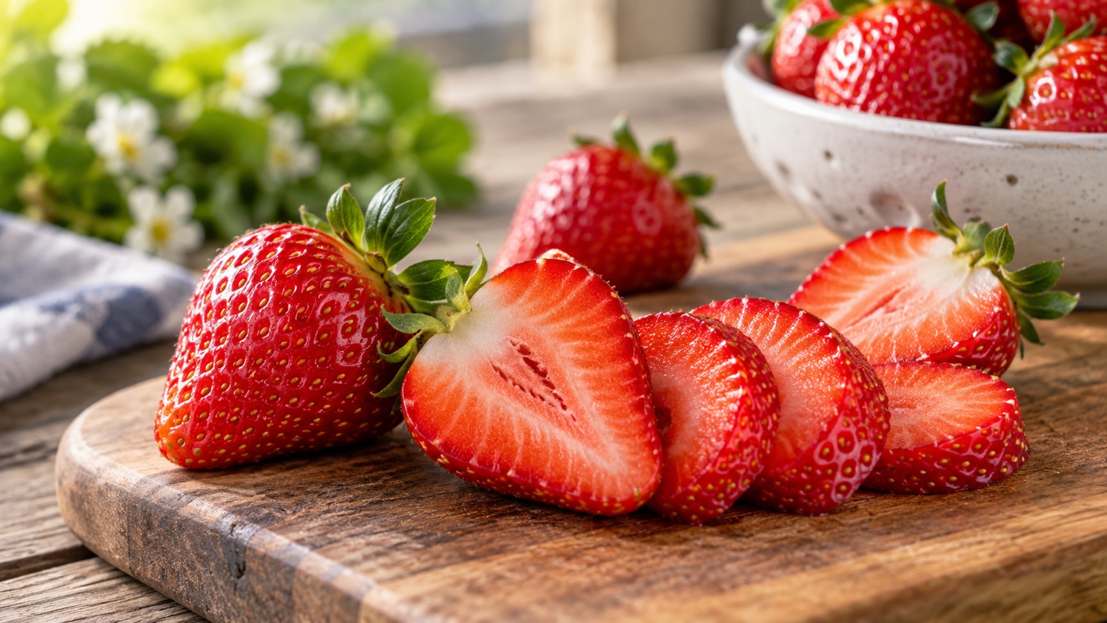 Fresh sliced strawberries showing seeds on the outer surface.