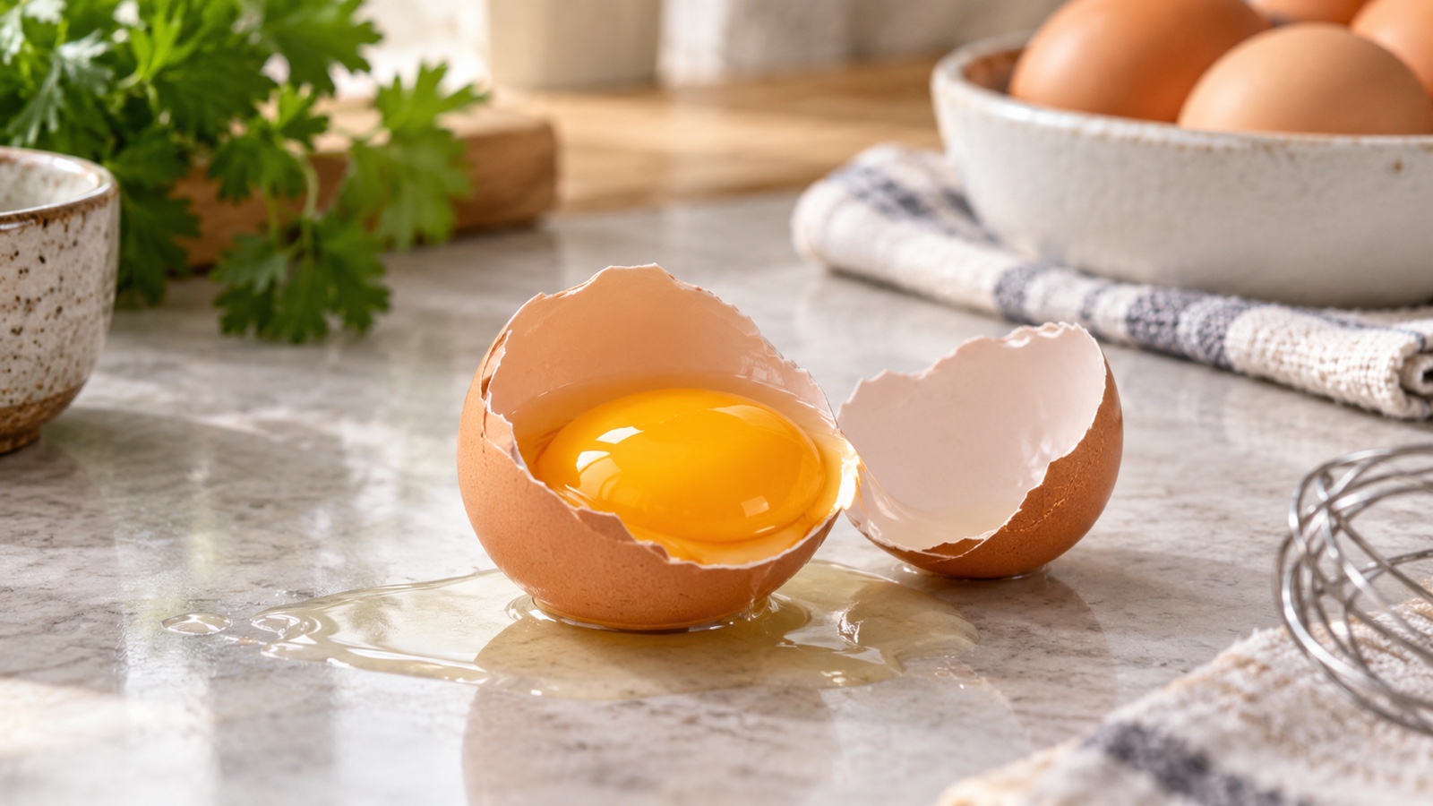 Golden egg yolk in a cracked shell on a clean kitchen surface.