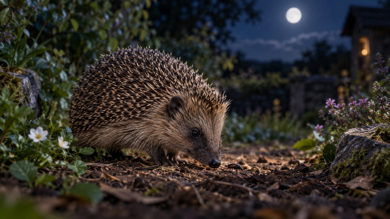 Hedgehog sniffing for insects in soft night light.