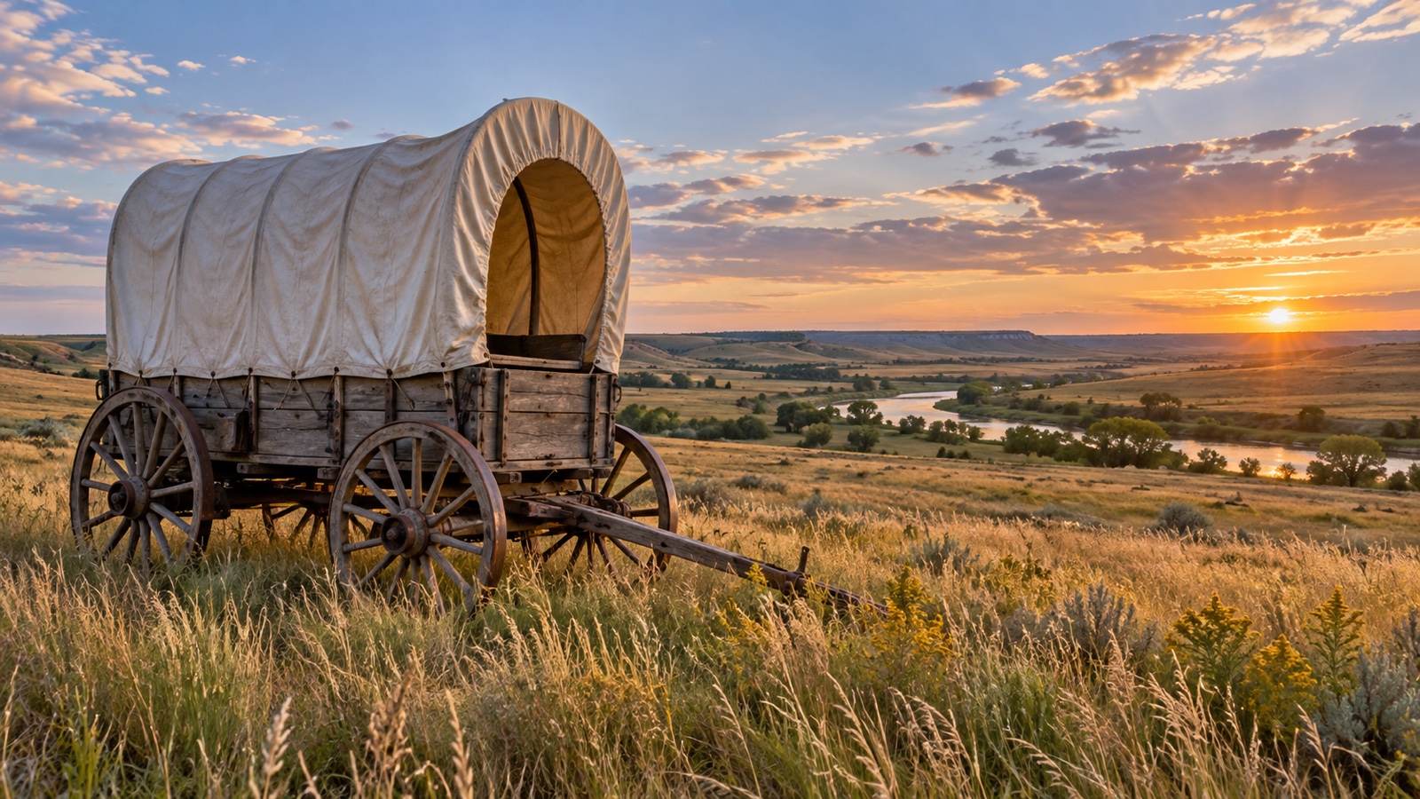 Historic covered wagon on the open Nebraska prairie with no people.