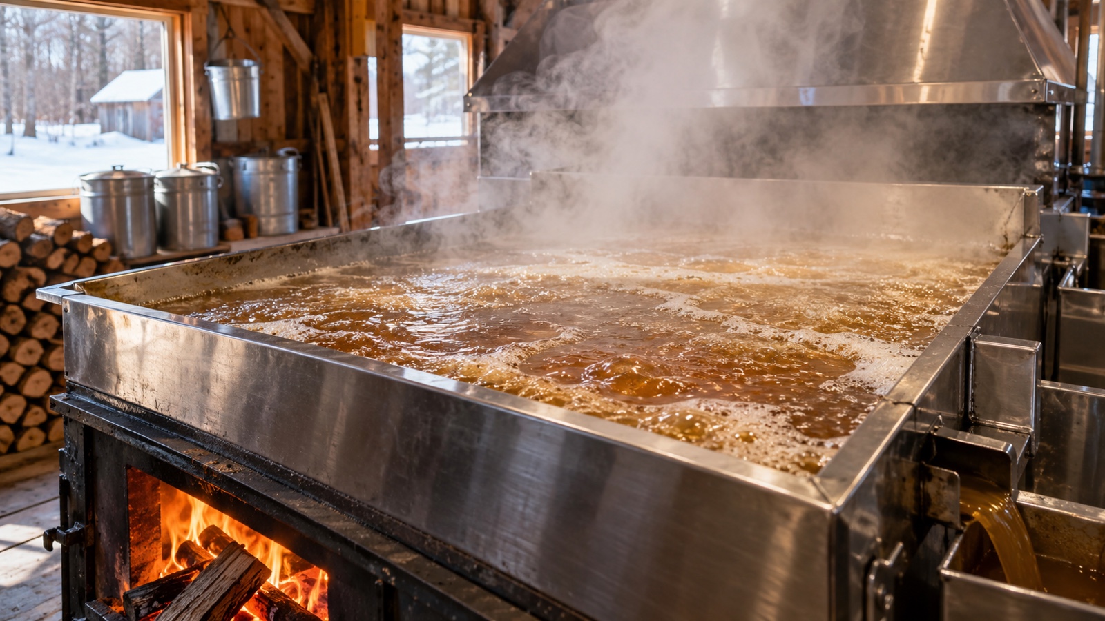 Maple syrup boiling in an evaporator pan in a sugarhouse.