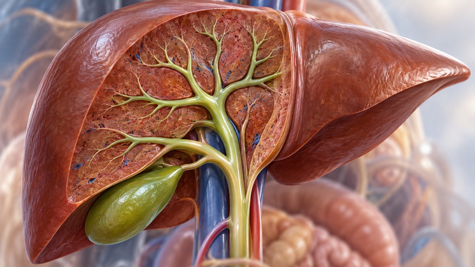 Medical visualization of bile ducts within a liver cross-section.