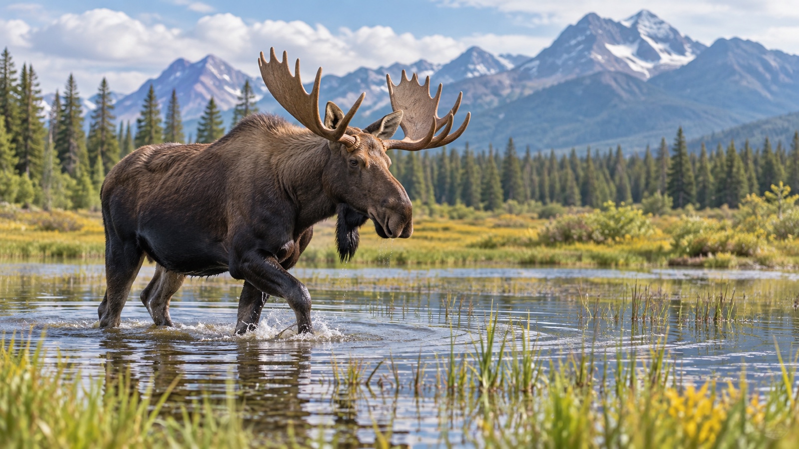Moose wading through shallow marsh water.