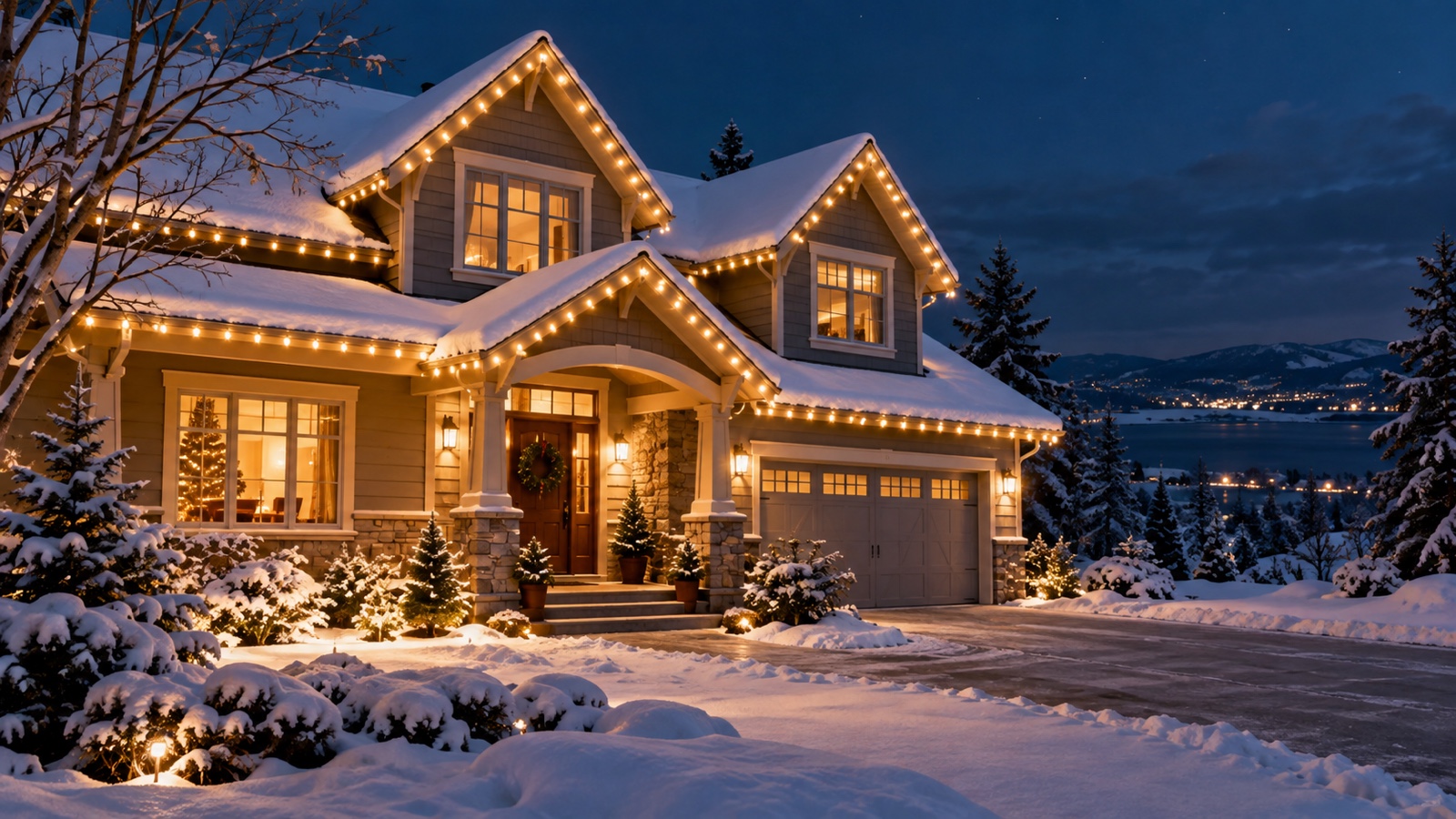 Neat modern LED string lights outlining a snowy house roof at night.