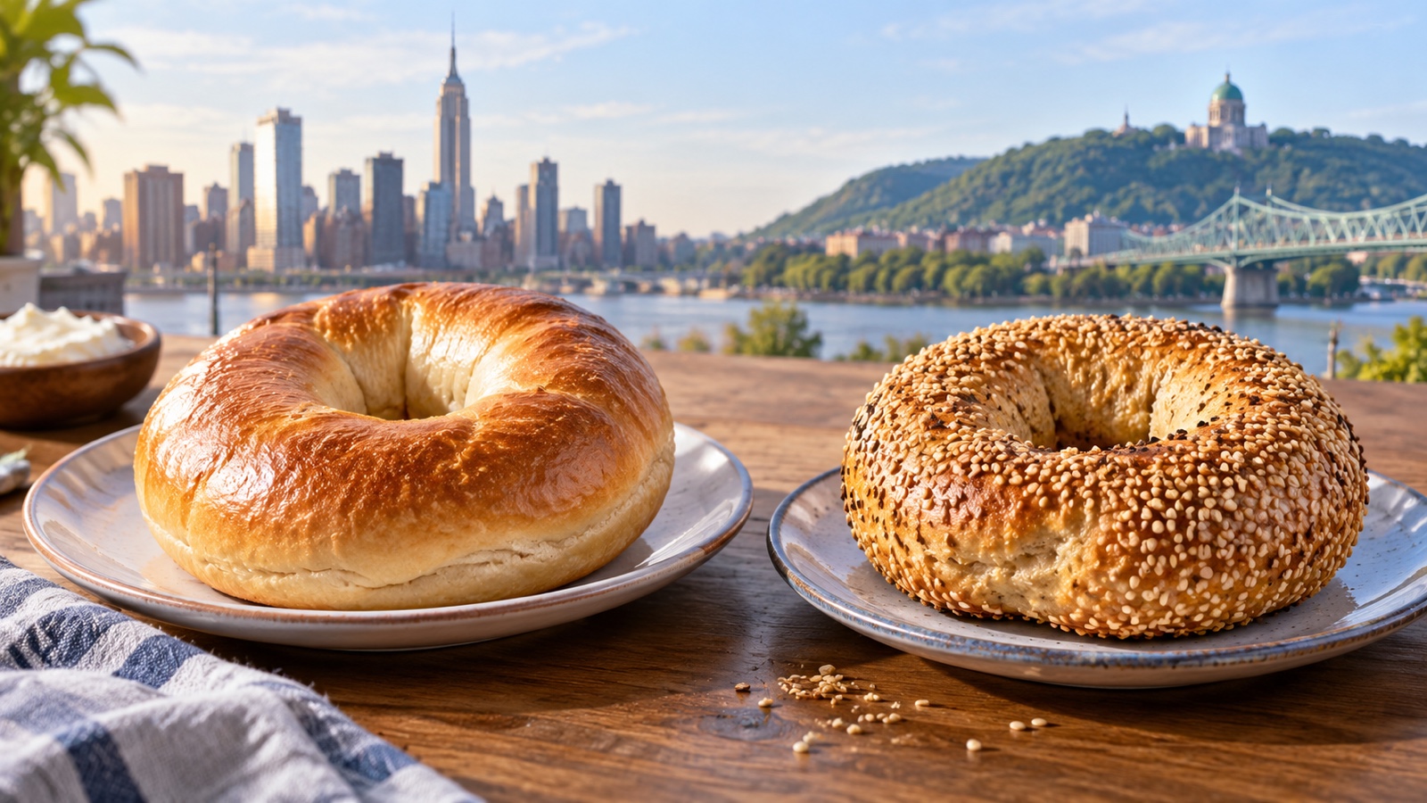 New York style bagel and Montreal style bagel side by side on separate plates.