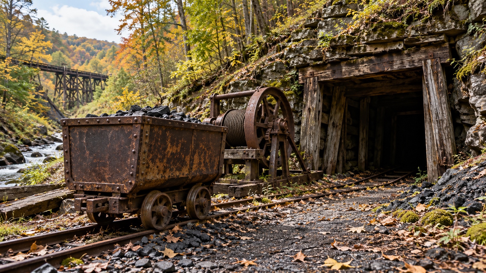 Old West Virginia coal mining equipment beside an abandoned mine entrance.