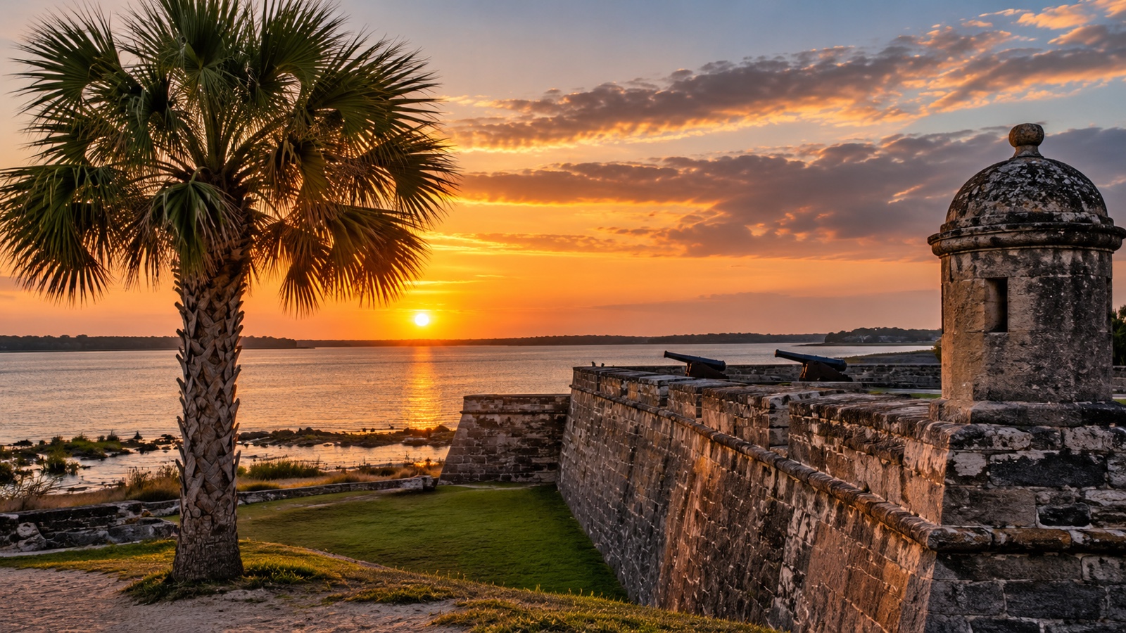 Palmetto tree and Revolutionary era coastal fort masonry at sunset.